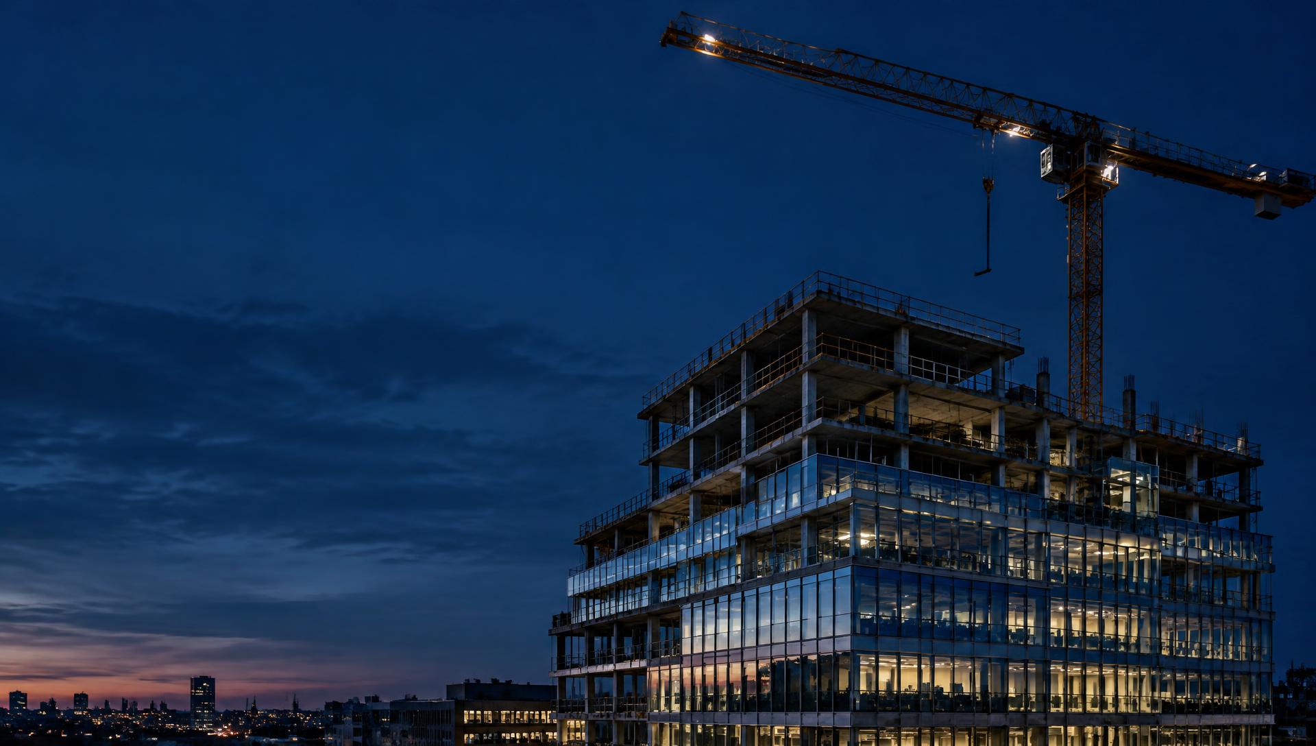 Modernes Bürogebäude im Rohbau mit Turmdrehkran in der Abenddämmerung (Symbolbild)